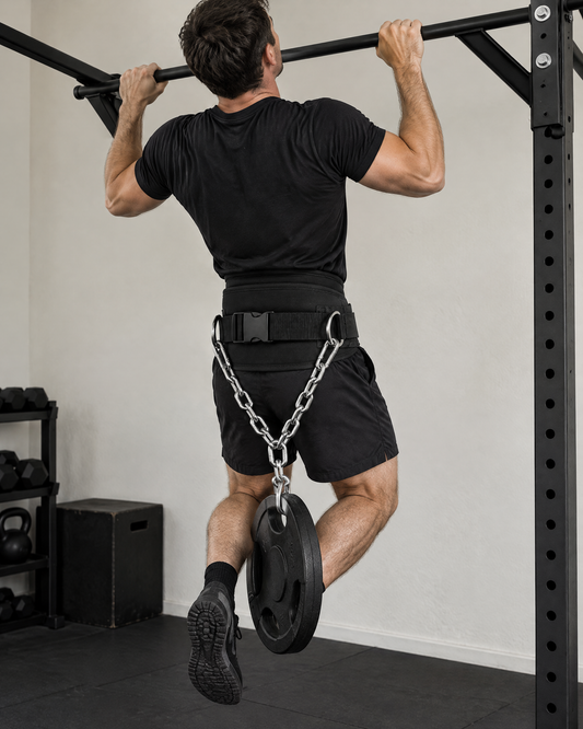 Dip belt with chain in use for a weighted pull-up with a plate