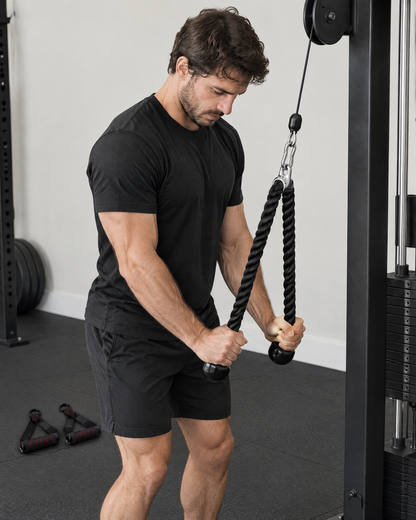 Tricep rope attachment in use for a cable tricep pushdown