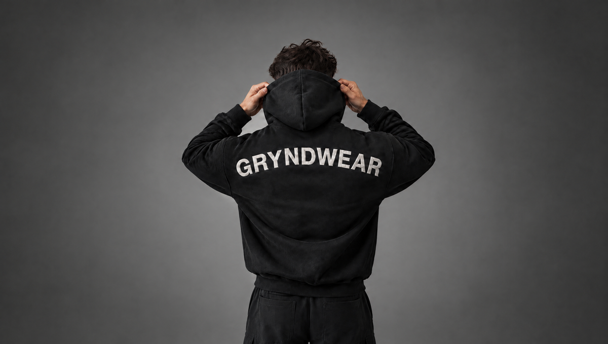 Back of a black GRYNDWEAR hoodie