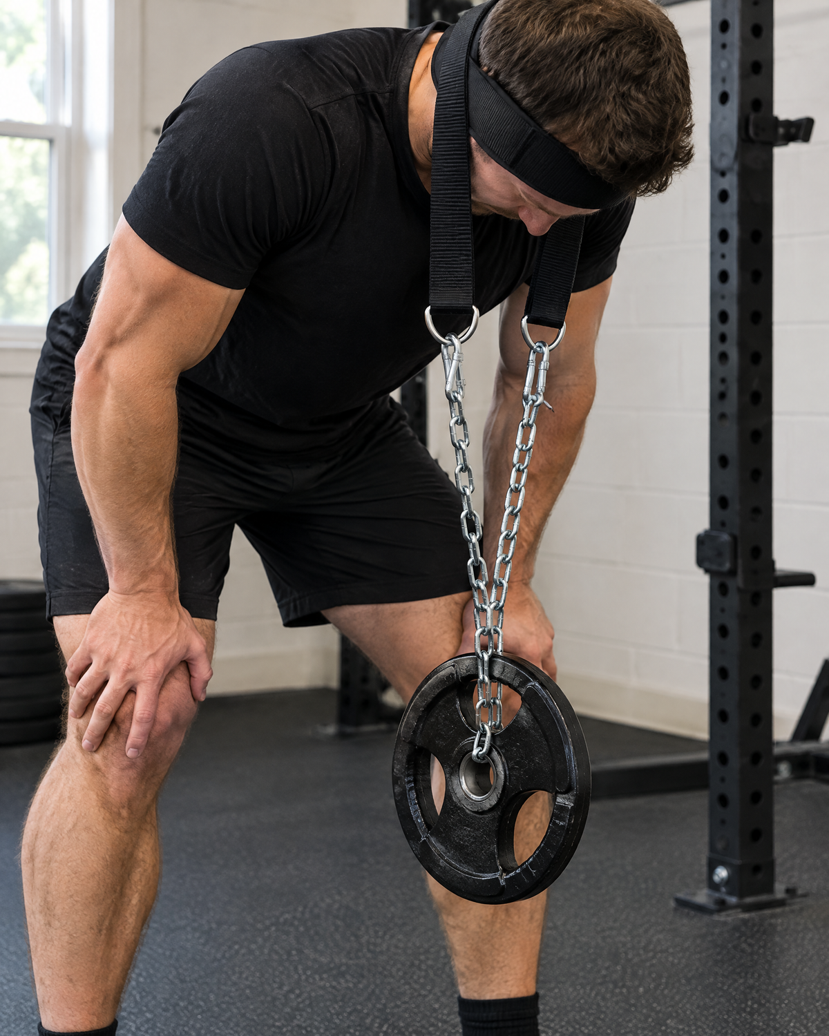Athlete doing weighted neck extensions with a padded neck harness and steel chain holding a weight plate in a home gym
