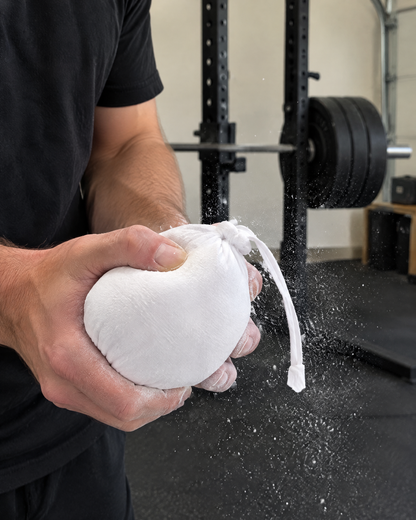 Lifter squeezing a gym chalk ball before a barbell set