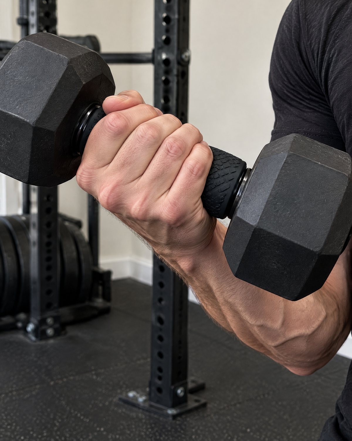 Black fat grip on a dumbbell handle during a hammer curl