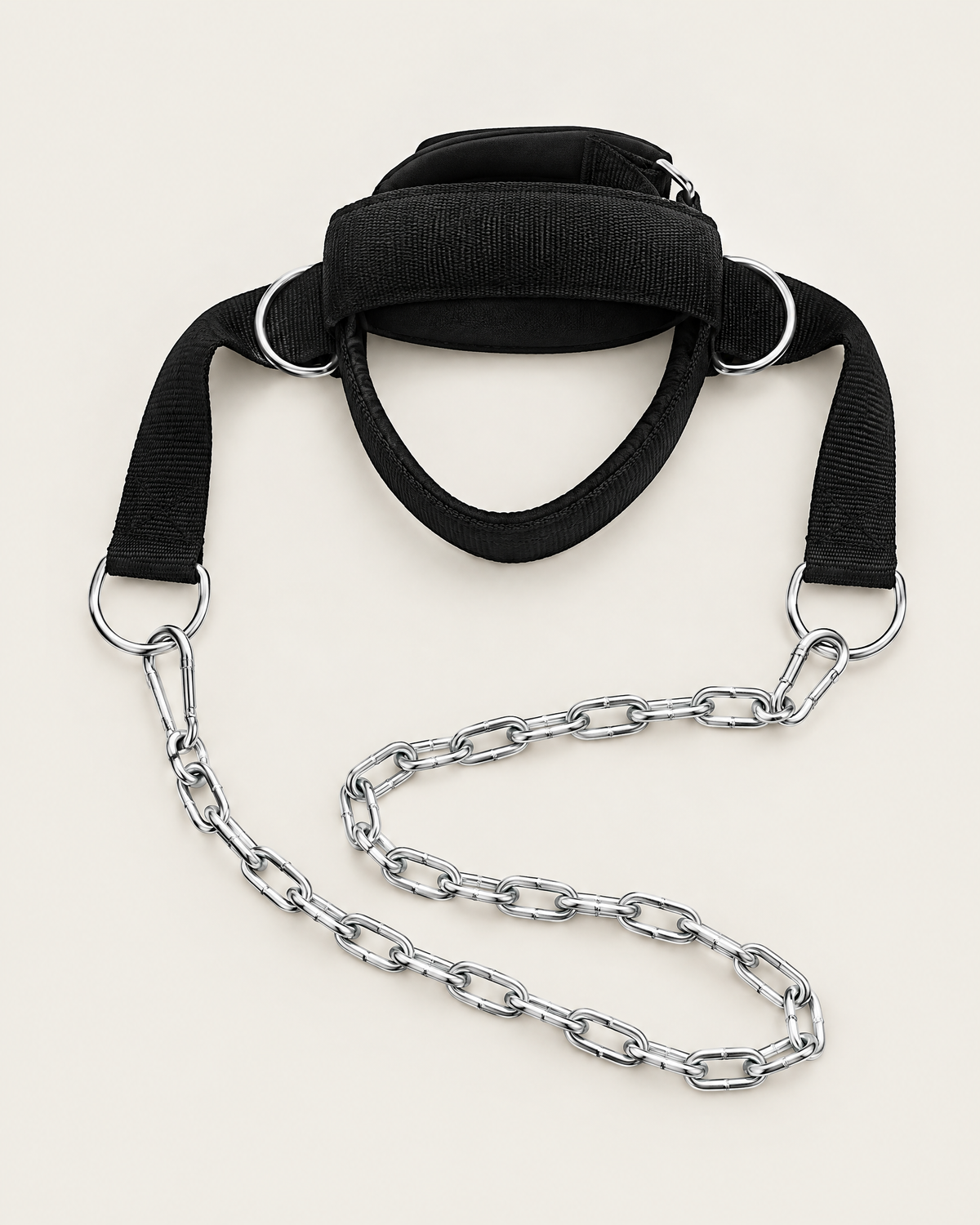 Black padded neck harness for weight training with steel chain and clips