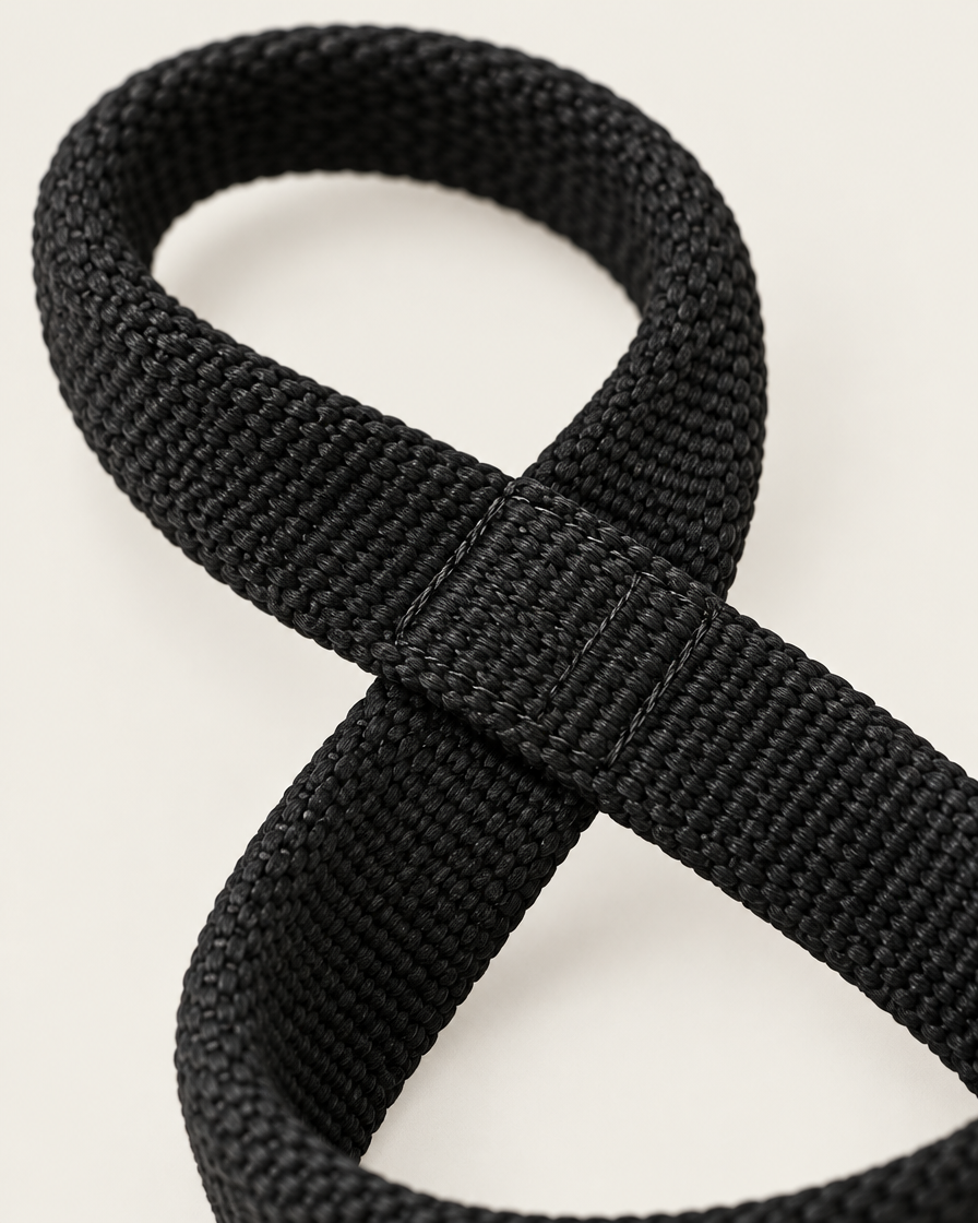 Close-up of the thick cotton weave and center stitching on a figure 8 lifting strap