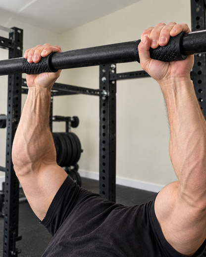 Pull-up on a bar fitted with black fat grips