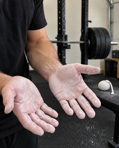Chalked palms after using the gym chalk ball
