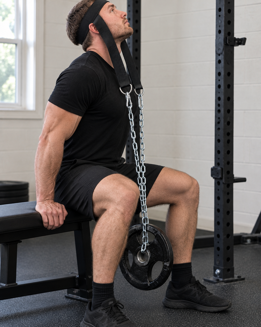 Seated neck extension with a padded neck harness and weight plate on a steel chain