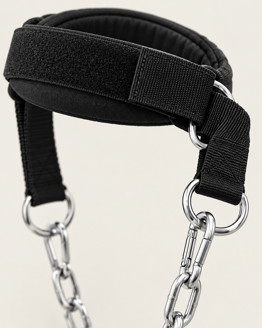 Close-up of the neck harness padded strap, hook-and-loop closure and carabiner chain clips