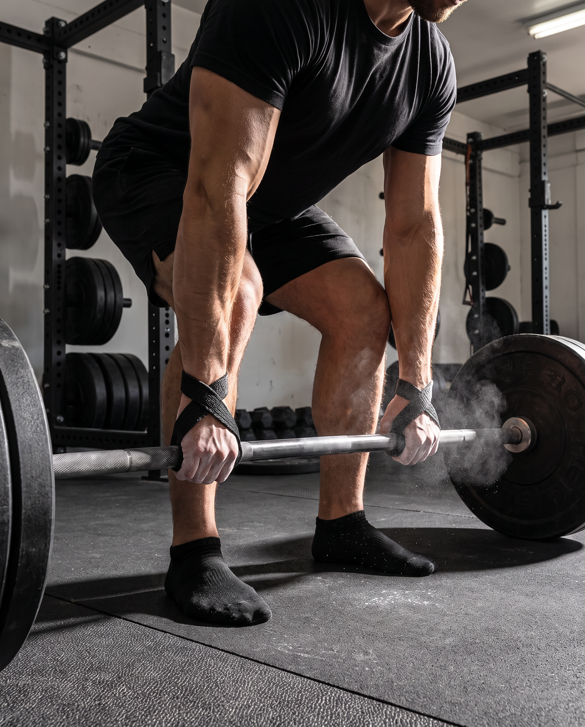 Lifter mid-deadlift using figure 8 straps on a loaded barbell