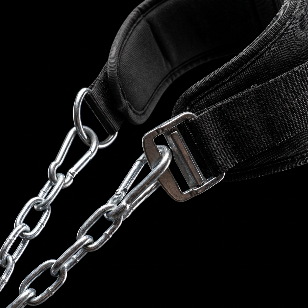Close-up of the neck harness steel chain links and buckle hardware