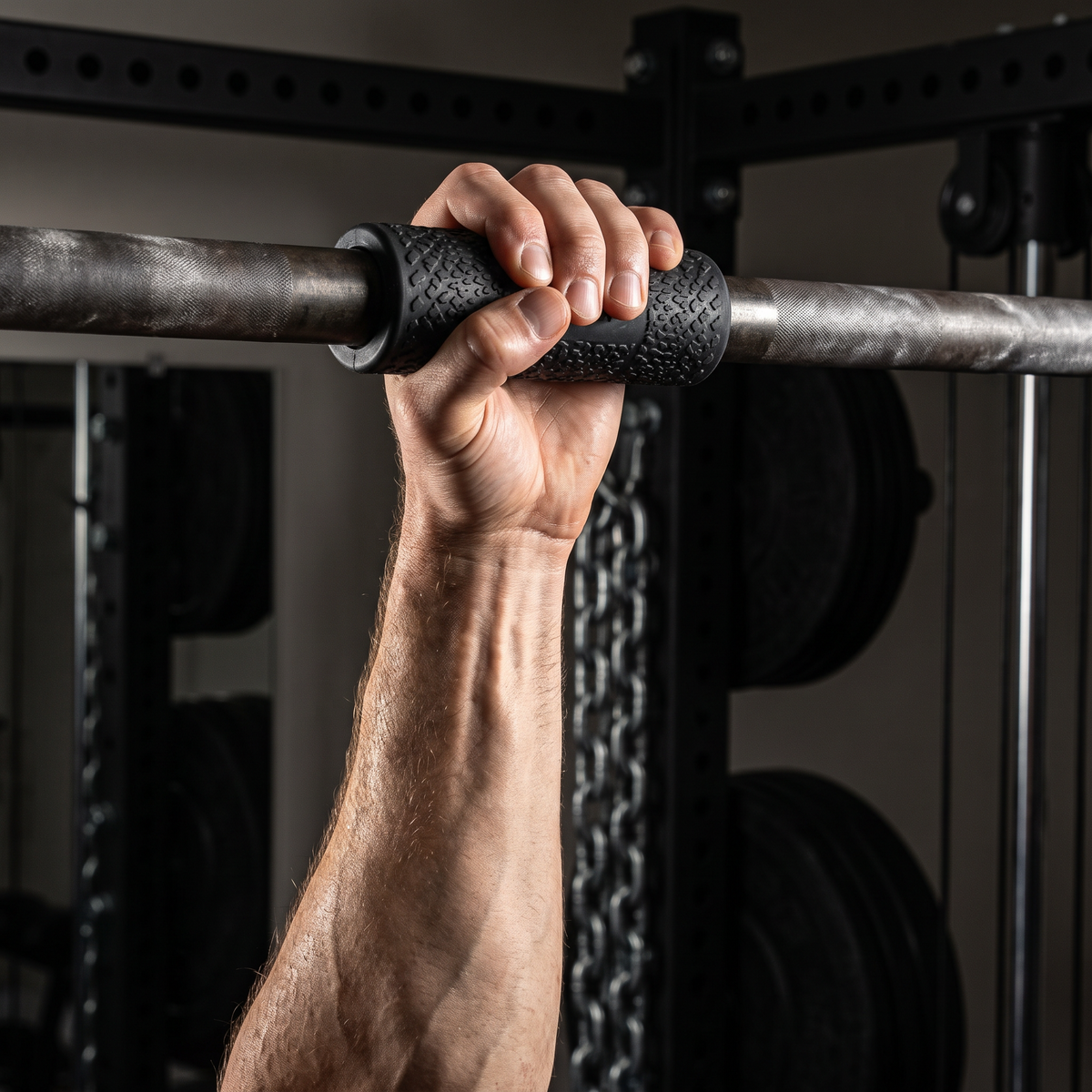 Fat grips clamped on a pull-up bar with a hand gripping one