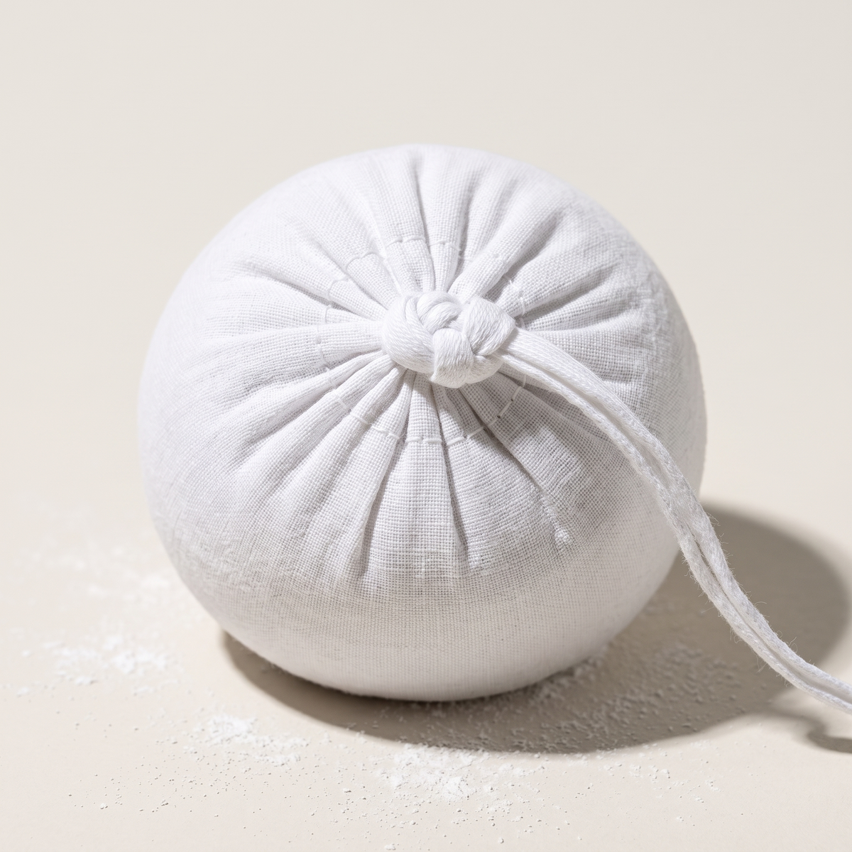 Gym chalk ball close-up showing cloth weave and stitching with chalk dust