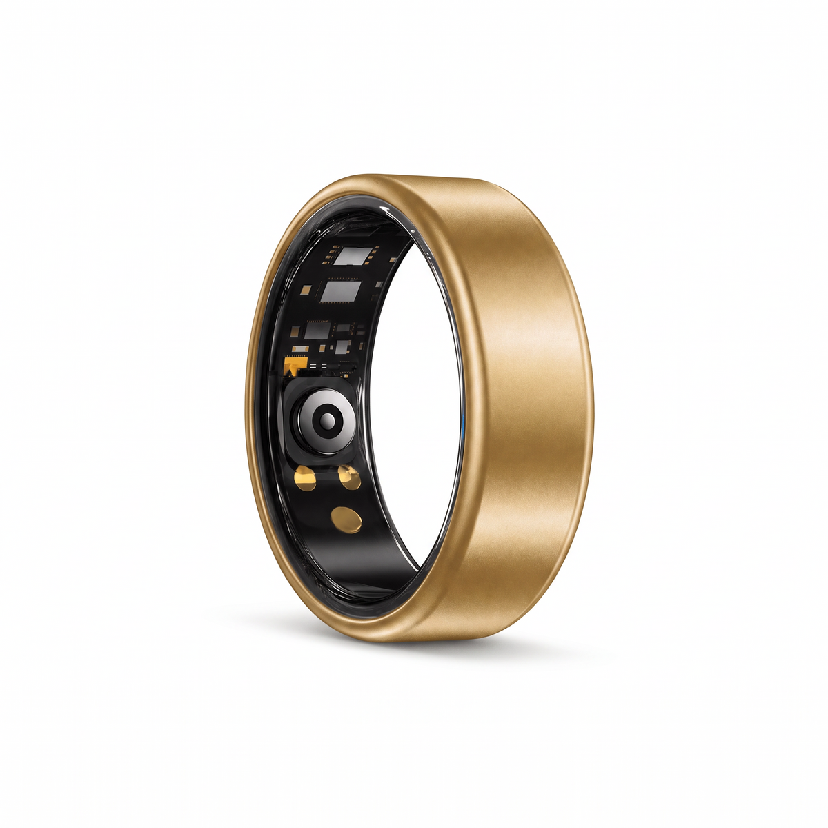 Gold smart ring on a pure white background