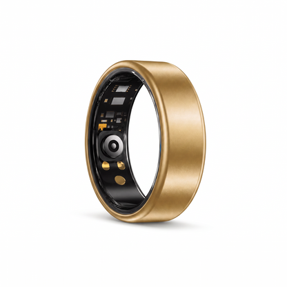 Gold smart ring on a pure white background
