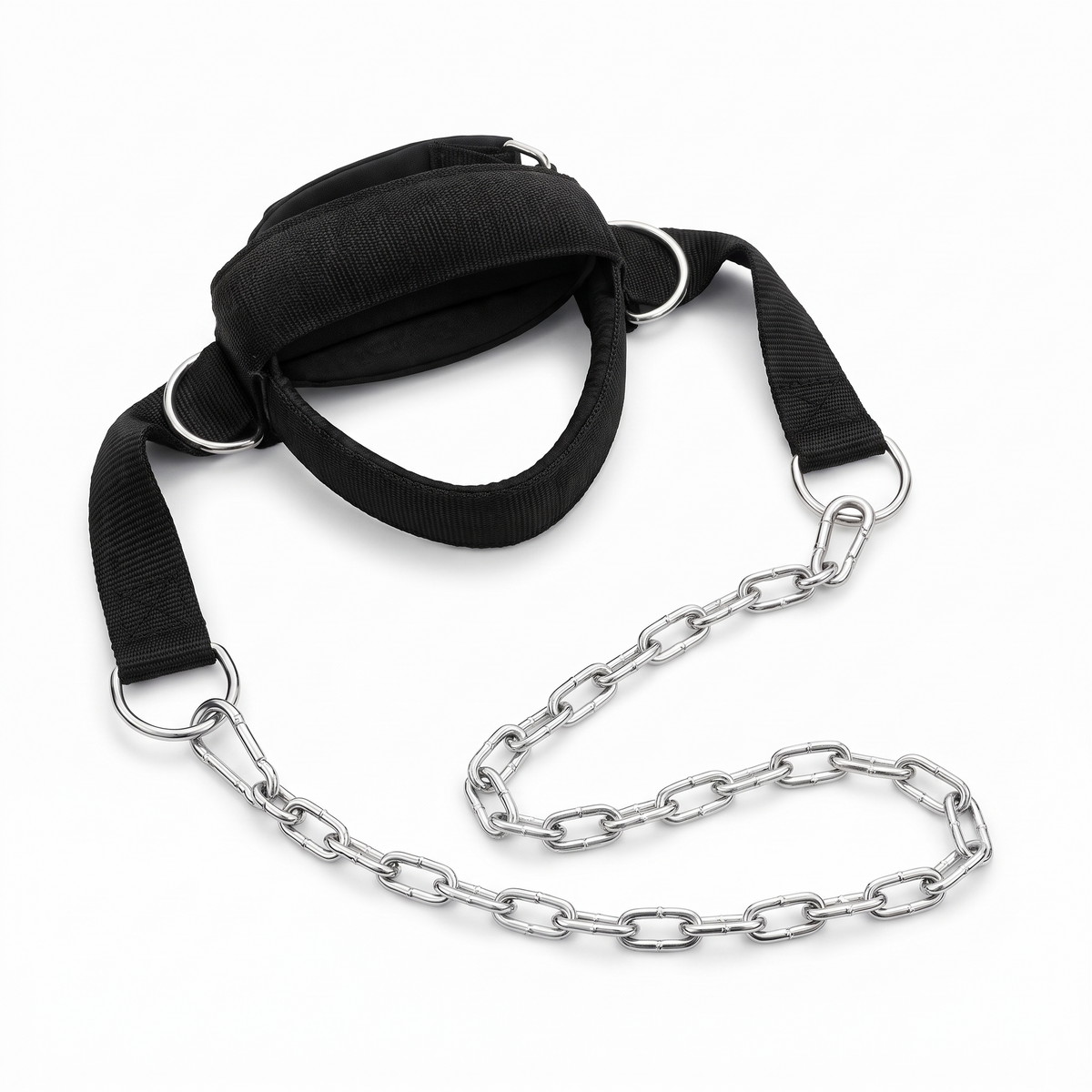 Neck harness with steel chain on a pure white background