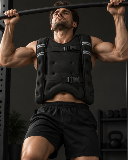 Lifter doing a weighted pull-up in a 30 lb weighted vest