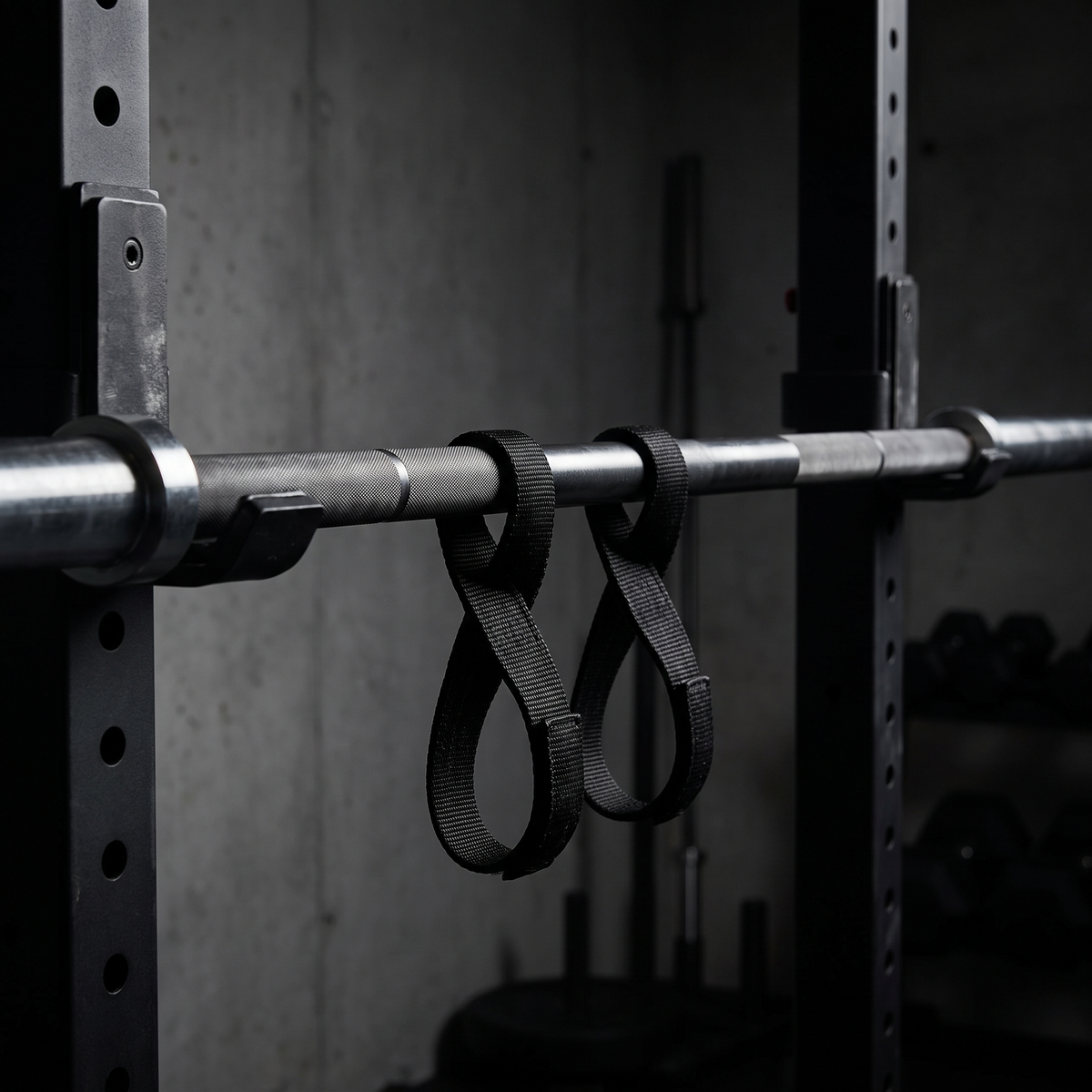 Figure 8 lifting straps looped around a barbell