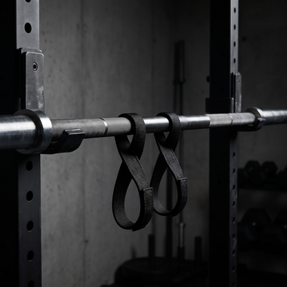 Figure 8 lifting straps looped around a barbell
