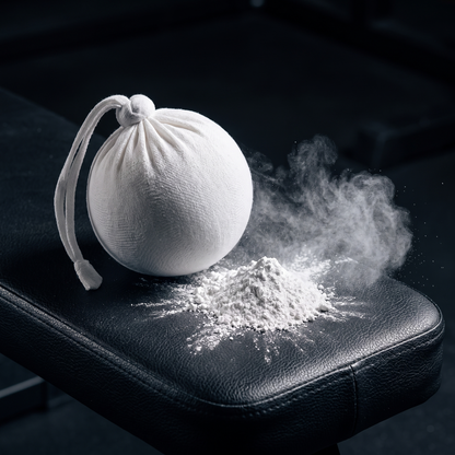 Gym chalk ball on a bench with a puff of chalk dust