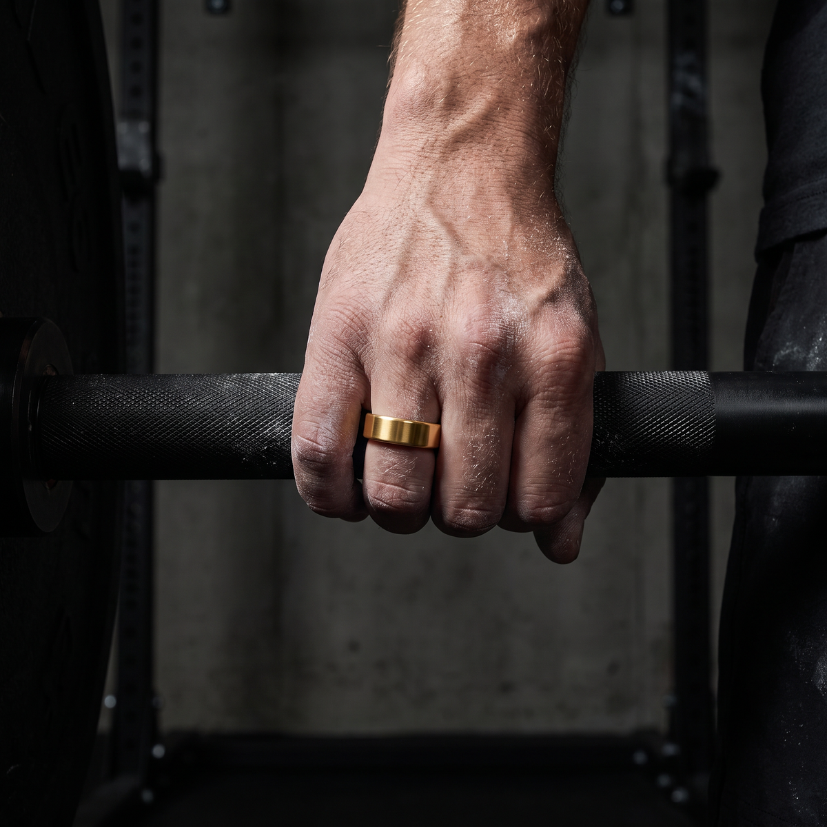 Smart ring worn on a lifter's finger gripping a barbell