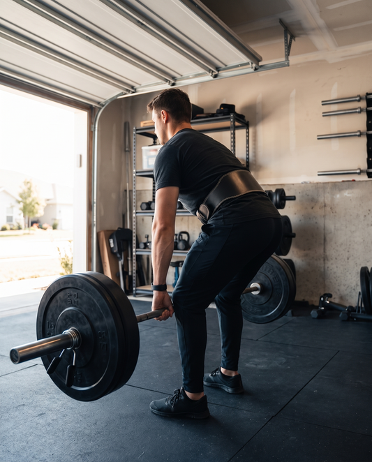 Lifter wearing a wide 15 cm leather weightlifting belt at the top of a heavy deadlift