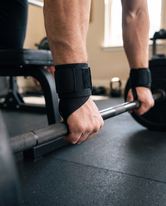 Pair of black elastic wrist wraps worn gripping a barbell on a bench press