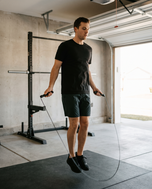 Lifter skipping with a black weighted-handle jump rope in a garage gym