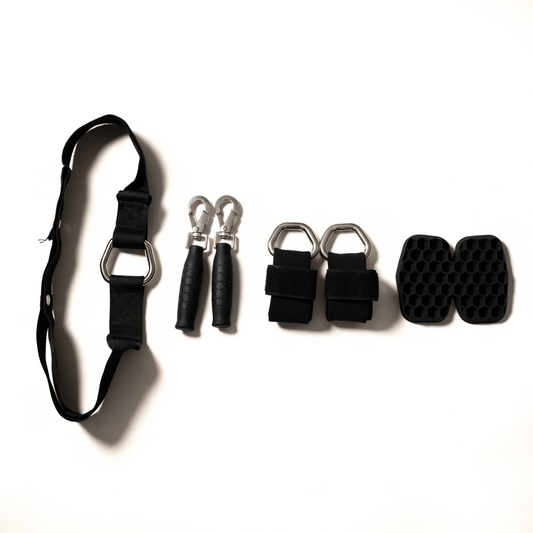 Cable Kit contents: extra long tricep strap, pair of cable handles, pair of ankle straps, lifting grip pads